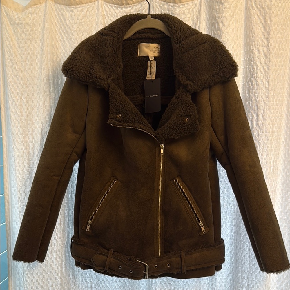 J.O.A. Faux shearling biker coat olive XS NWT